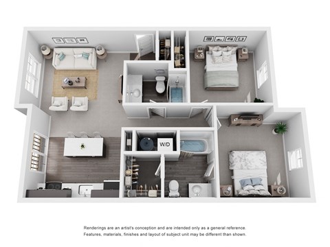 A 3D floor plan of an apartment with two bedrooms and a living area.